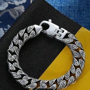 925 Silver Bracelet for Men, Featuring Personalized Arabesque Designs. Hip-Hop